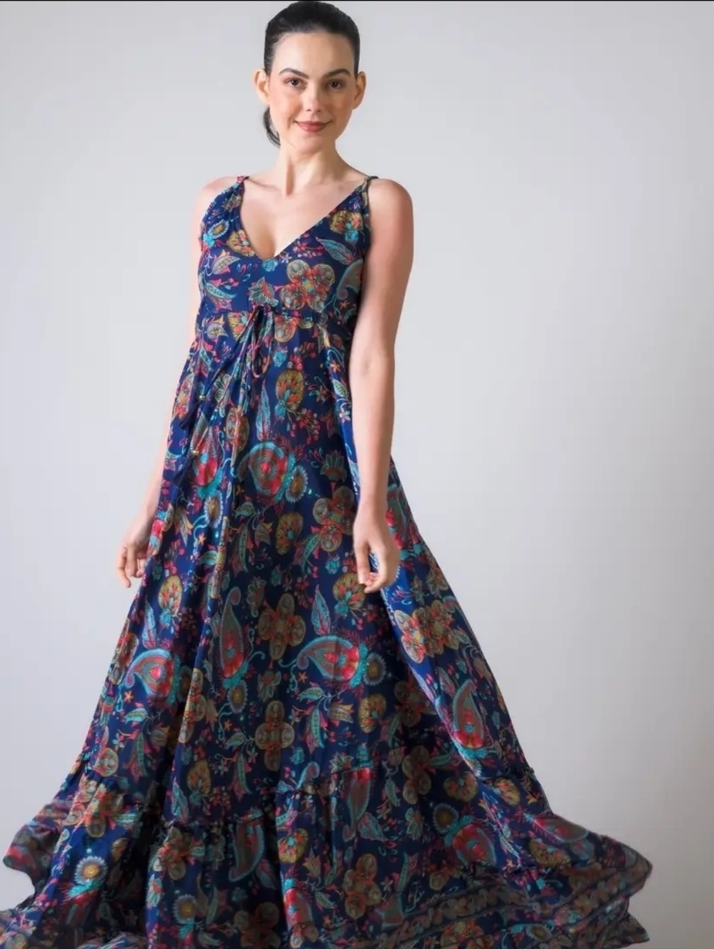 The Rhea Parui Women's Navy Floral Maxi Dress - V-Neck Spaghetti Strap - Picture 4 of 10